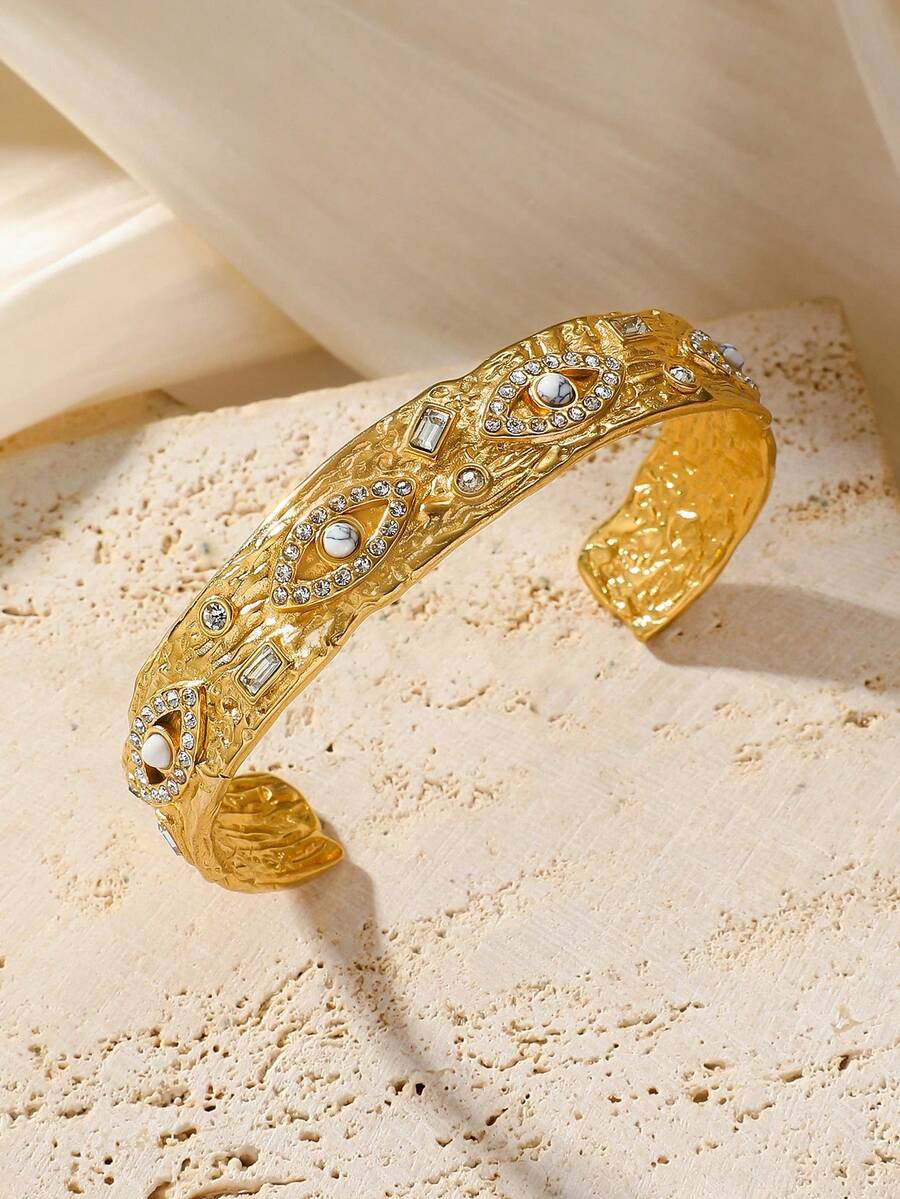 Vintage Exotic Demon Eye Rhinestone Textured Cuff Bracelet - Gold Stainless Steel Open Cuff Bracelet, Eye-Shaped Rhinestone + Turquoise Textured Decor - Fashionable Jewelry For Women, Suitable For Party, Evening Wear, And Personal Styling - Gold - View 1