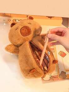 1个软毛水豚大容量学生铅笔盒，校园桌面铅笔橡皮尺文具收纳盒，多层展示毛绒玩具文具袋，多功能布艺配件小物件收纳袋，多功能化妆品收纳袋，返校季，学习用品，铅笔盒，背包 - 彩色 - 查看 3