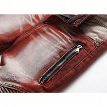 Jeans Elásticos para Hombres Estilo Motociclista - Decoración con Cremallera, Teñido, Slim Fit, Lavado Vintage y Desgastado, Prenda Casual Trendy de Calidad Superior - Burdeos - Ver 4