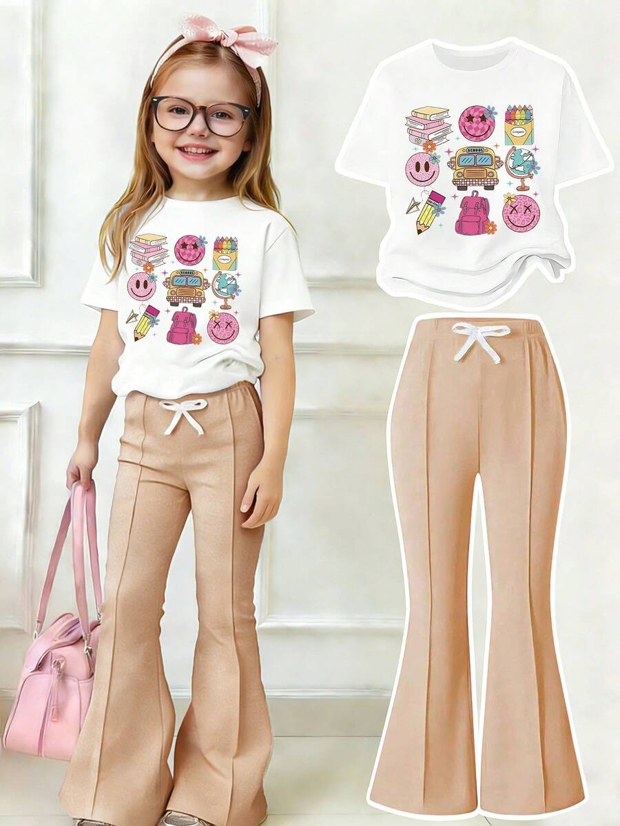 Bộ đồ cho bé gái tuổi teen: áo tay ngắn in nơ và hình hoạt hình cùng quần ống loe. - trắng - Xem 1