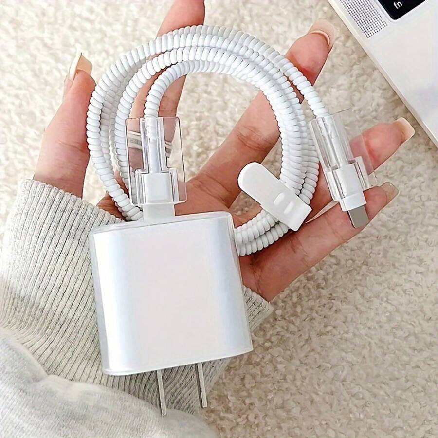 5pcs Data Cable Protection Set - Anti-Damage, Dustproof, Anti-Breakage, Decorative Charger, Extends Phone Charger Life, Easy To Install, Durable, Suitable For Apple 20W For 14 Pro Max/13/12 Charger - trắng - Xem 1