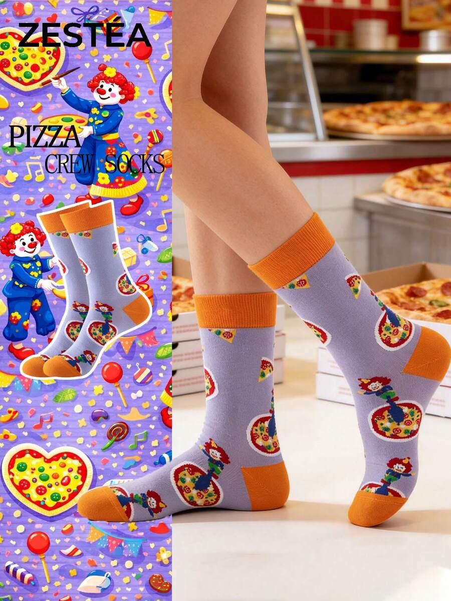 1 Pair Women's Funny Pizza Clown Theme (Cartoon Clown And Pizza Pattern) Cartoon Print Contrast Color Sweat-Absorbent Odor-Resistant Soft Comfortable Novelty Interesting Boat Socks, A Fun Gift For Women/Mothers/Daughters/Grandmothers/Wives/Girlfriends, Pizza And Comedy Lovers, Suitable For Birthday/Pizza Night/Christmas/Everyday Occasions, Comfortable Autumn/Winter Casual Socks, Can Be Matched With Other Socks. - Multicolor - View 1