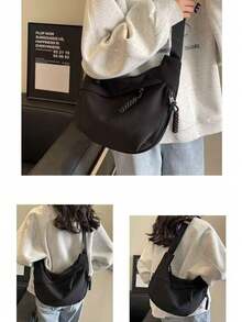 New Spring/Summer Solid Color Nylon Crossbody Bag, Star-Patterned Openwork Large Capacity Shoulder Strap Women's Bag, Student Back-To-School Travel Commuter Bag, Gift For Friends And Classmates, Suitable For Holiday Gifts. - Black - View 3