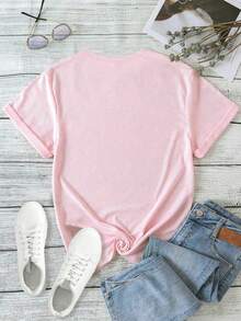 女士休闲圆领短袖T恤，墨西哥木瓜图案印花，夏季度假 - 淺粉色 - 查看 2