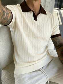 GRDR 男士翻领扭结针织短袖T恤 - 休闲简约时尚T恤 - 杏色 - 查看 2