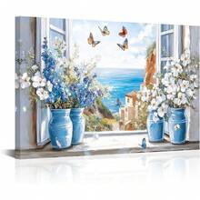 LyerArtork Arte de pared en lienzo con vista de flores costeras, pintura al óleo de mar azul con flores y mariposas, impresiones de paisaje marino rústico para decoración de pared en baño y dormitorio x pulgadas - transparente - Ver 2