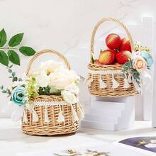 6 Pcs Rattan Woven Flower Basket For Wedding Handwoven Rustic Wicker Floral Storage Basket With Artificial Flowers Decorative And Handle For Home Wedding Birthday Decor (Blue) - 藍色 - 查看 5