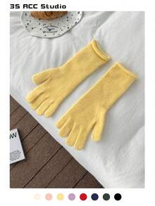 纯色标签针织手套，女士秋冬露指触屏五指防风保暖手套，女士多功能加厚针织手套，骑行保暖