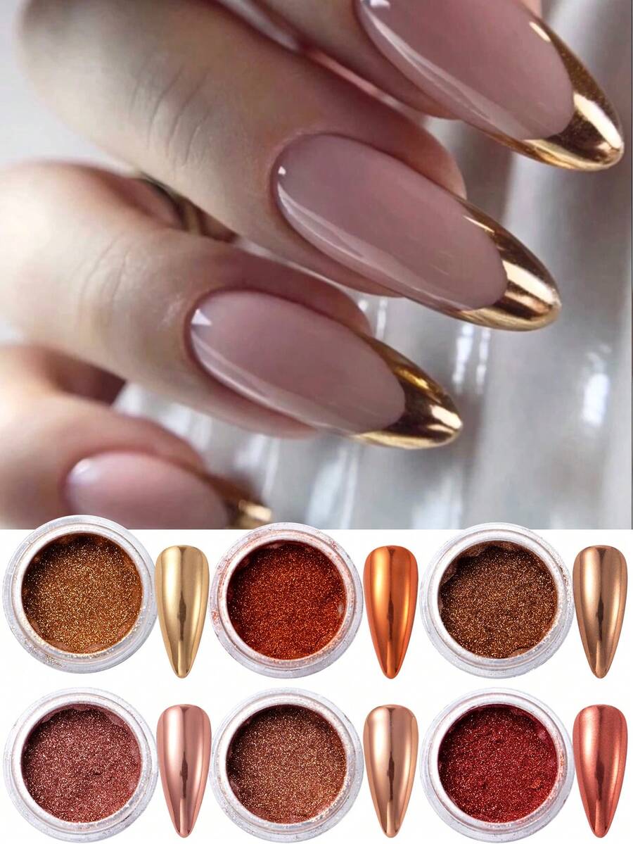 6盒金属美甲粉，铜金色美甲闪粉，彩虹变色龙哑光美甲装饰化妆品美甲用品 - 彩色 - 查看 1