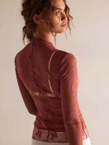 Women's Sheer Lace Mesh Top, Fashionable Slim Fit Long Sleeve Faux Collar Floral Blouse, Casual Outing T-Shirt - 灰粉紅 - 查看 2