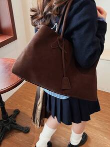 Bolso de mano grande de mujer de unicolor con estilo retro - Marrón - Ver 5