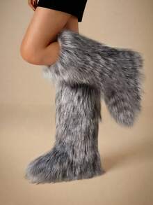 Faux Fur Winter Boots For Women Knee High Fluffy Long Fuzzy Flat Heel Boots For Girls Outdoor Tall Furry Shoes Warm Thigh High For Halloween Christmas Party - Màu xám đen - Xem 6