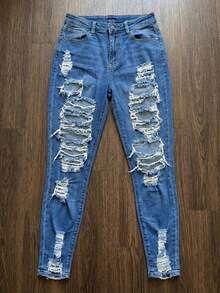 Jkorea Women's High Waisted Heavily Distressed Skinny Jeans - Ripped Shredded Denim Pants Streetwear Aesthetic - Màu xanh lam - Xem 3