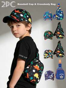 2pcs/Set Kid's Cartoon Dinosaur Print Baseball Cap + 1pc Random Cut Dinosaur Print Crossbody Bag, Cute & Fun, Suitable For Daily Wear, Outdoor, Graduation, Back To School, Children's Holidays, Dopamine Outfit - Multicolor - View 3