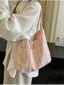Túi đeo vai nữ dung tích lớn, kiểu dáng thường ngày, họa tiết sọc, chất liệu vải canvas, thích hợp cho học sinh. Ba lô phong cách Hàn Quốc dành cho sinh viên. - Hồng - Xem 5