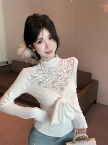 Cute Girl Bowknot Lace Patchwork Long Sleeve Top, 2026 Women's Spring New Sexy Slim Fit Waist Turtleneck Undershirt - Milky White - View 1