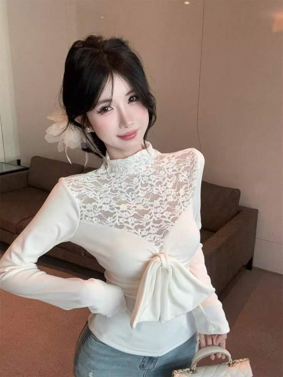 Cute Girl Bowknot Lace Patchwork Long Sleeve Top, 2026 Women's Spring New Sexy Slim Fit Waist Turtleneck Undershirt - Milky White - View 1