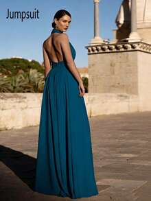 Solid Color Knit Backless Jumpsuit For Wedding, Holiday, Party - Teal Blue - View 3