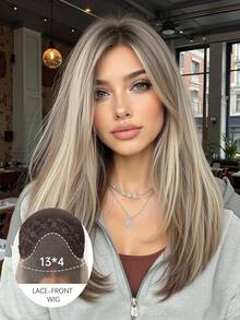 Peluca de encaje frontal de alta definición de 13*4, de alta calidad, de moda y natural. Peluca de encaje gris ombre de 18 pulgadas de cabello liso, peluca de encaje de alta calidad para mujeres, peluca sintética de encaje resistente al calor, adecuada para festivales, viajes, reuniones familiares, juegos de roles, bailes de máscaras, uso diario de actores y regalos de festival para niñas - Gris degradado - Ver 2