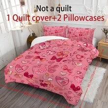 2/3 PCS Valentine's Day Printed Love Heart Bow Tie Bed Cover Set - Three-Piece Set For Sweet And Cool Girl's Bedroom Bed And Bedding (1 Bed Cover + 1/2 Pillowcase Without Pillow Core), Suitable For Teenagers And Adults, Providing All-Season Warmth, Soft And Breathable Lightweight Bed Cover. Suitable For Giving As Gifts On Housewarming, Birthday, Festivals, Etc., As Well As As A Gift Between Boyfriends And Girlfriends.