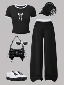 Outfits For Girls - Black Short-Sleeve Top & Wide-Leg Pants Set With White Bow Print, Kpop Inspired Kids Clothes Girls, Perfect Teen Girl Gifts - màu đen - Xem 8