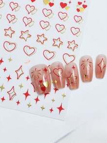 1片红色和金色爱心星星美甲贴纸，镂空金属爱心星星美甲贴花，少女风设计 - 彩色 - 查看 2