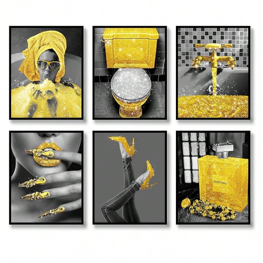 Fashion Wall Art Bathroom Wall Decor Set Of 6 Black And White Glam Glitter Canvas Posters Photos Artwork Wall Modern Women Funny Decoration (B&W YELLOW, 8\X10\) - B & WYELLOW - View 1