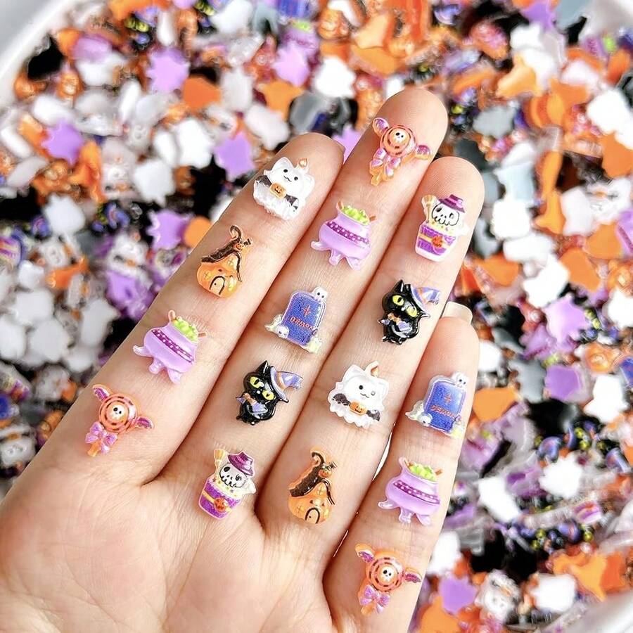 50Pcs Halloween Nail Charms 3D Resin Flat Nail Art Charms Mini Flatback Bat Torches Candy Nail Diamonds Colorful Tombstone Lolli Skull Nail Gems Nails Supplies For Women DIY Manicure Art - 黑色 - 查看 1