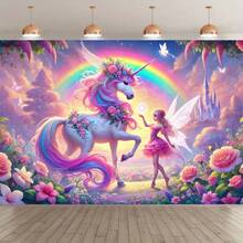 1 pieza Fondo mágico de unicornio y hada con arcoíris, flores y escena de bosque encantado, fondo de fotografía de poliéster vívido para decoración de fiestas interiores/exteriores, cumpleaños y celebraciones festivas