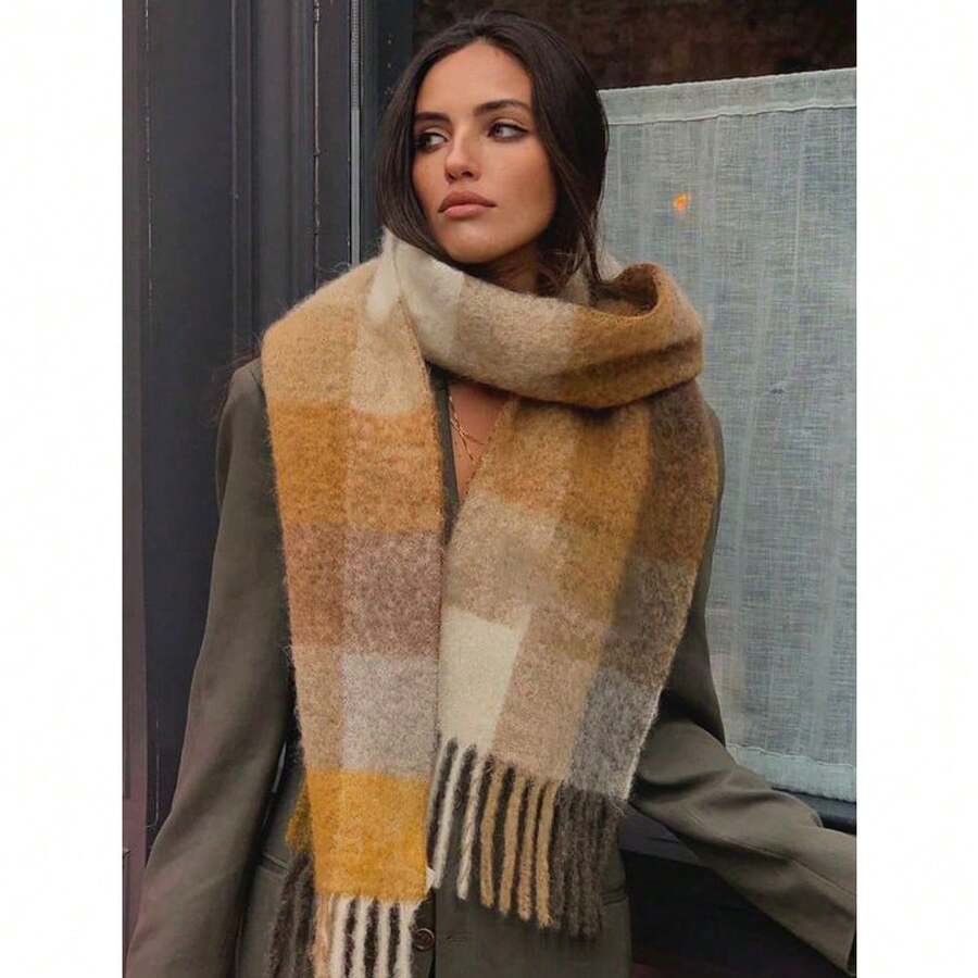 1pc Leopard Print Autumn/Winter Fashion Striped Plaid Fleece Warm Women Boucle Deep Brown Wool Thick Scarf, Warm Acrylic Scarf Like Cashmere, Bohemian Casual Windproof Couple Shawl, Comfortable Blanket Scarf, Suitable For Daily Wear For Dress - Nhiều màu-2 - Xem 1