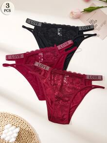 3pcs Women's Sexy Lace Patchwork LOVE Letter Mature Thong Panties - Multicolor - View 2