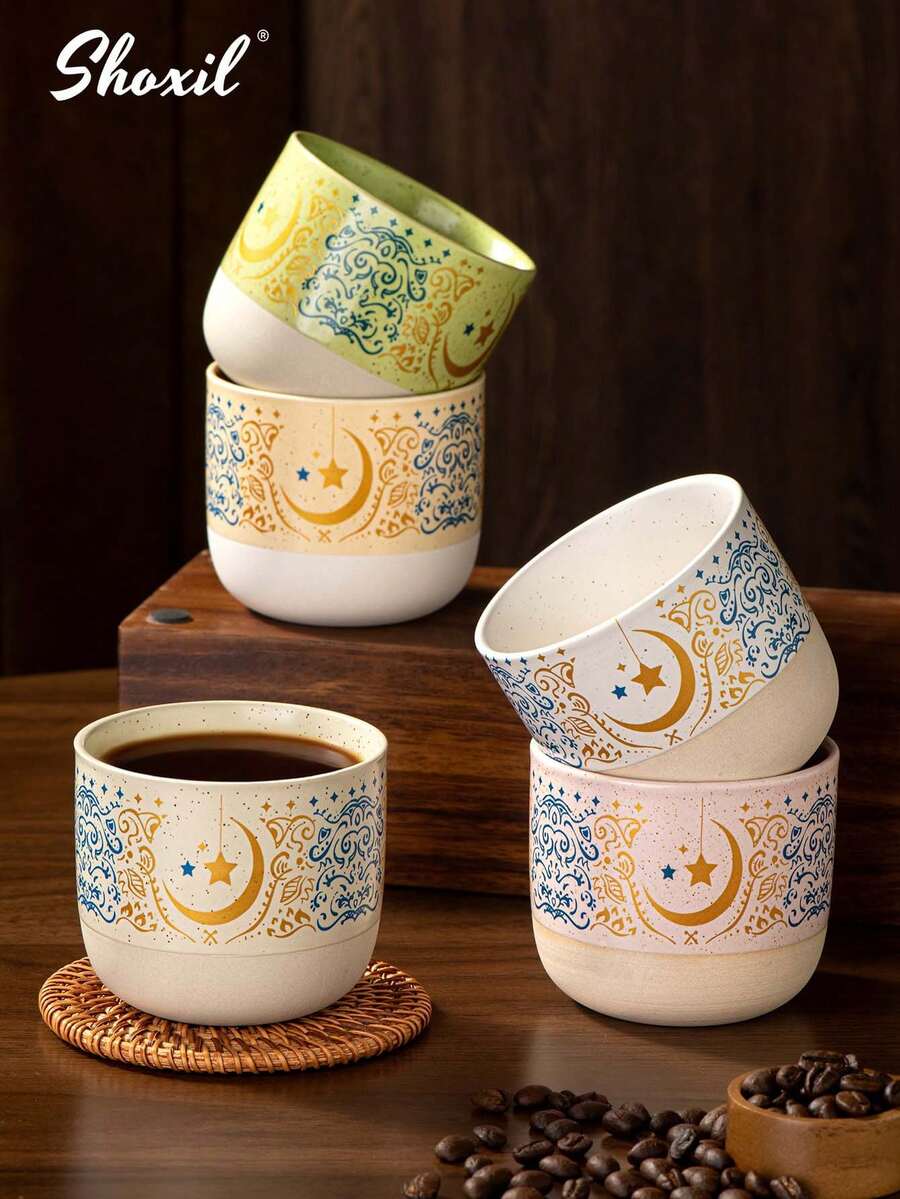 shoxil 1个250毫升粗陶咖啡杯，中东风格斋月咖啡杯，星月图案马克杯，创意斋月招待用品，适用于下午茶、派对、斋月、节日用品 - 杯子 - 查看 1