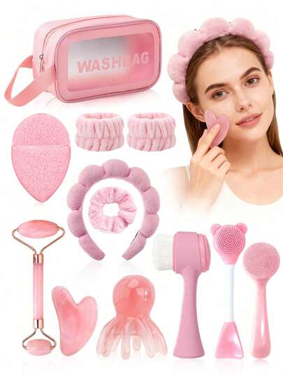 4/12 Peças/Conjunto Kit de Ferramentas de Beleza Facial, Inclui Ferramentas de Limpeza, Massagem e Armazenamento - Raspador Facial, Rolo, Escova de Limpeza, Pincel para Máscara Facial, Esponja de Lavagem, Faixa de Cabelo, Faixa de Pulso, Elásticos de Cabelo, Nécessaire, Bolsa de Maquiagem