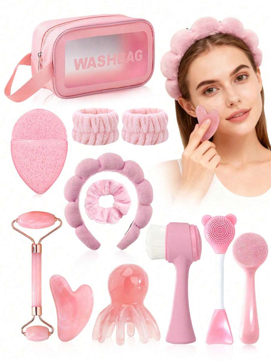 4/12pcs/Set Facial Beauty Tool Kit, Includes Cleansing, Massage, And Storage Tools - Face Scraper, Roller, Cleansing Brush, Face Mask Brush, Washing Sponge, Hair Band, Wristband, Hair Ties, Toiletry Bag, Makeup Bag - Multicolor - View 1