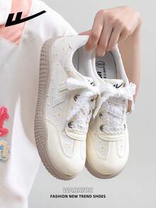 1 Pair WARRIOR Women's Thick Sole Lace-Up Soft Bottom Casual Shoes, Low-Top Outdoor Flat Shoes, Round Toe Low Heel Non-Slip Solid Color Elegant Soft Bottom Hiking Shoes, Suitable For Students, Graduation Photos, Flat Shoes, Low-Top Leather Sneakers - Light Yellow/beige - View 8