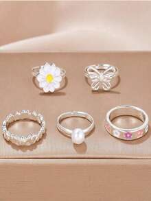 5pcs Adjustable Pearl Rings Set - Includes Butterfly, Daisy And Heart Rings, Perfect Gift Choice - Multicolor - View 1