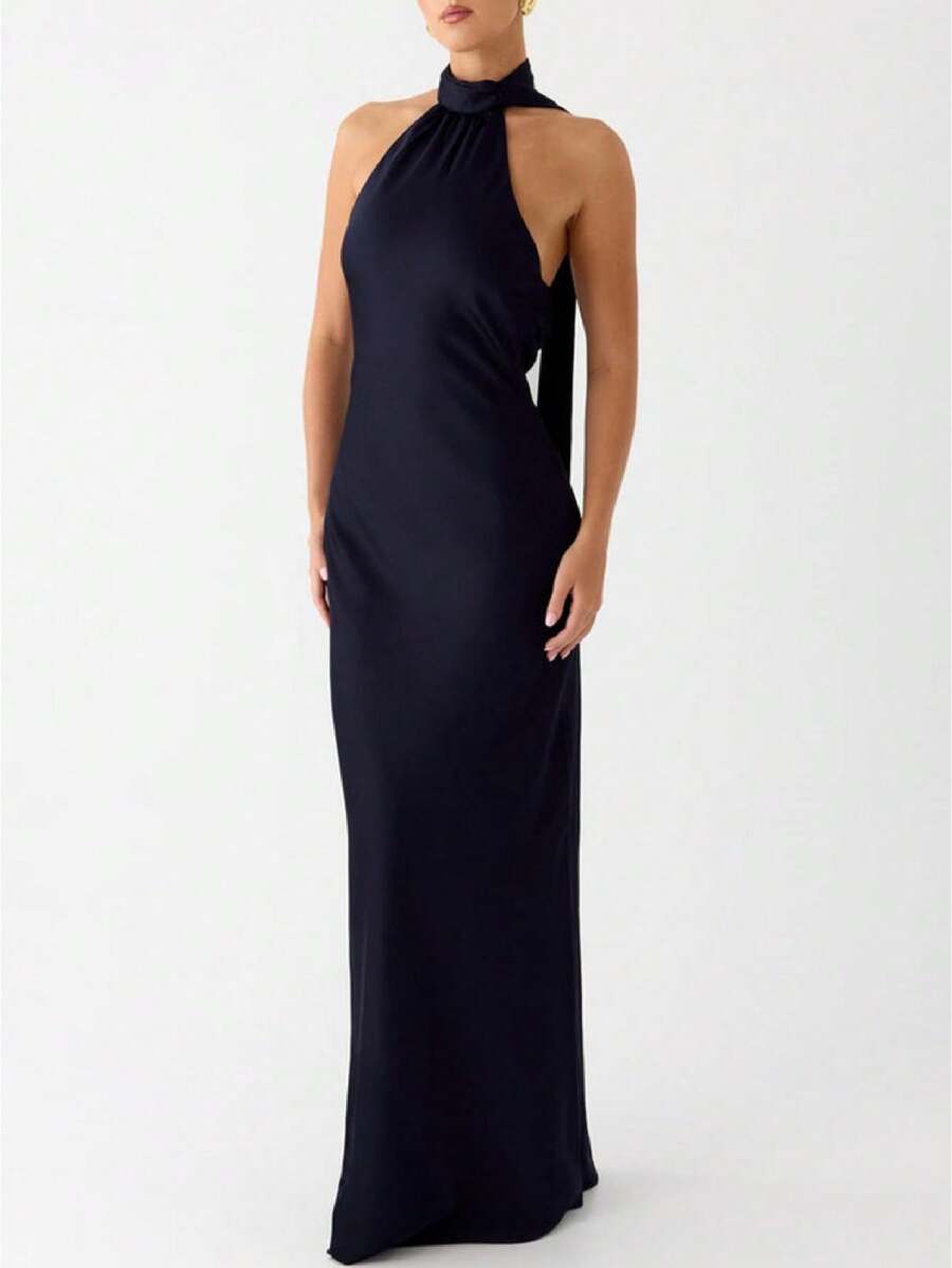 Women Scarf Maxi Dress Silk Halter Neck Tie Up Backless Bodycon Dress Cowl Back Draped Party Wedding Guest Cocktail Dresses With Neck Scarf - 深藍色 - 查看 1