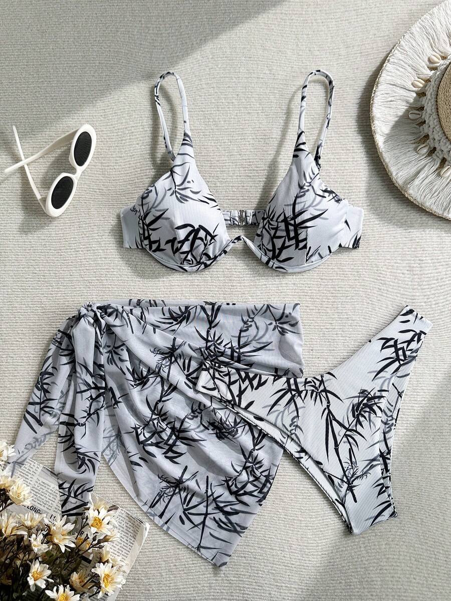 2026 Women's Sexy Bamboo Print Bikini With Underwire 3 PiecesSwimsuit Set Vacation - Multicolor - View 1