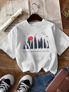 Women's Casual Printed T-Shirt - Retro White Pine Tree And Inspirational Slogan With WILDU Lettering, Breathable, Semi-Transparent, Crew Neck, Short Sleeve, Suitable For Spring, Summer And Autumn, Machine Washable, Outdoor Adventure For Music Festival Outfit, Fashion Statement [Receive Today's Gift] - 白色 - 查看 6