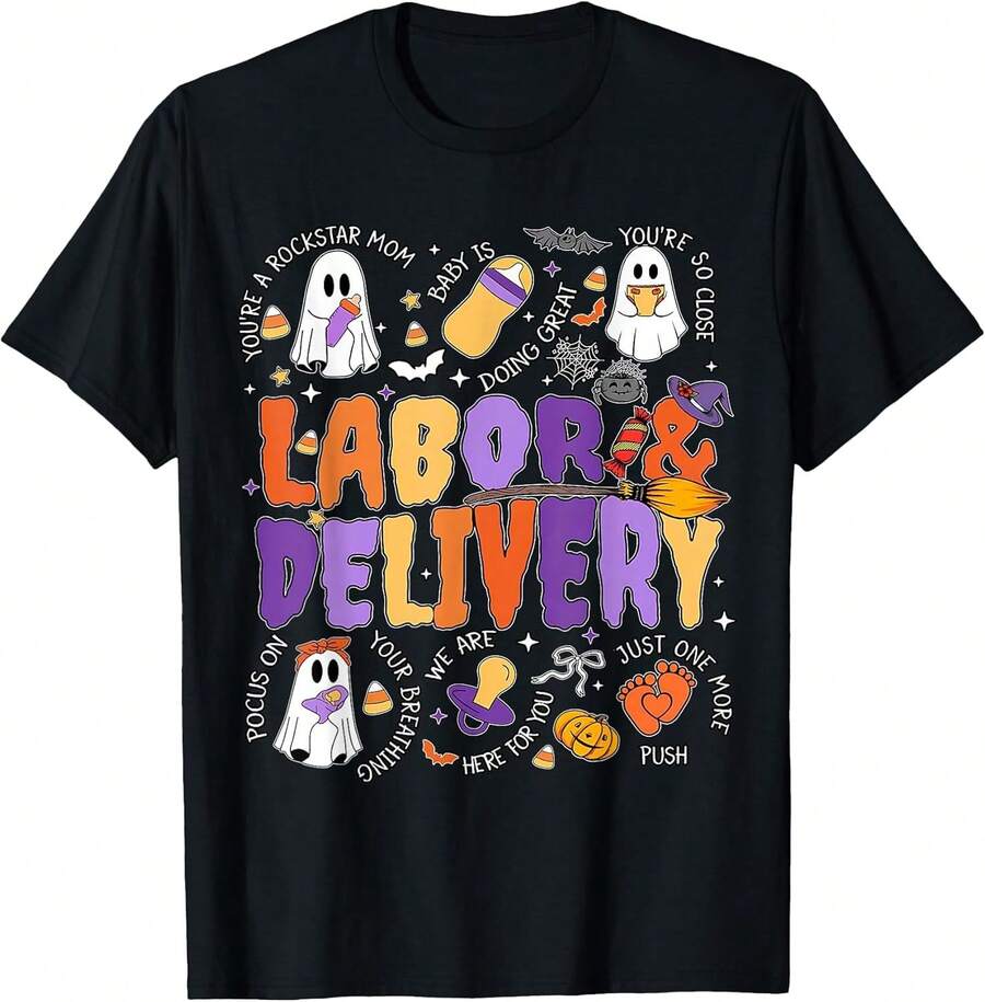 Halloween Labor and Delivery Nurse T-Shirt _ Cute Spooky L&D Ghost Graphic Tee for OB Staff & Doulas - Negro - Ver 1