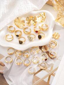 15pcs/Set Vintage Elegant Punk Metal Bow, Geometric, Round, Irregular, Tiger Eye, Heart, Faux Pearl Flower Split Ring Set, Suitable For Women Party, Date, Banquet, Street, Daily Matching, Gift For Friends (Random Style) - 金黃色 - 查看 6