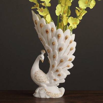 Easegen Home 1件优雅白色孔雀花瓶，手工彩绘树脂装饰雕塑，饰以金色点缀 - 花瓶家居装饰配件，适用于客厅、玄关、办公室 - 不含鲜花