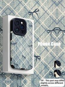 1pc Retro Unique Blue Bowknot & Plaid Pattern Soft Leather Texture Anti-Slip Anti-Drop Phone Case, Suitable For Apple And Phones ( 17/17 Air/17 Pro/17 Pro Max) - Multicolor - View 1