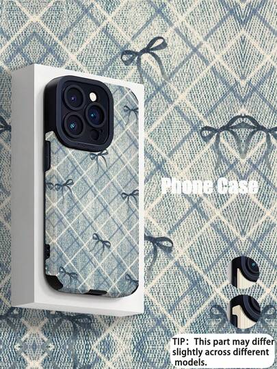 1pc Retro Unique Blue Bowknot & Plaid Pattern Soft Leather Texture Anti-Slip Anti-Drop Phone Case, Suitable For Apple And Phones ( 17/17 Air/17 Pro/17 Pro Max)