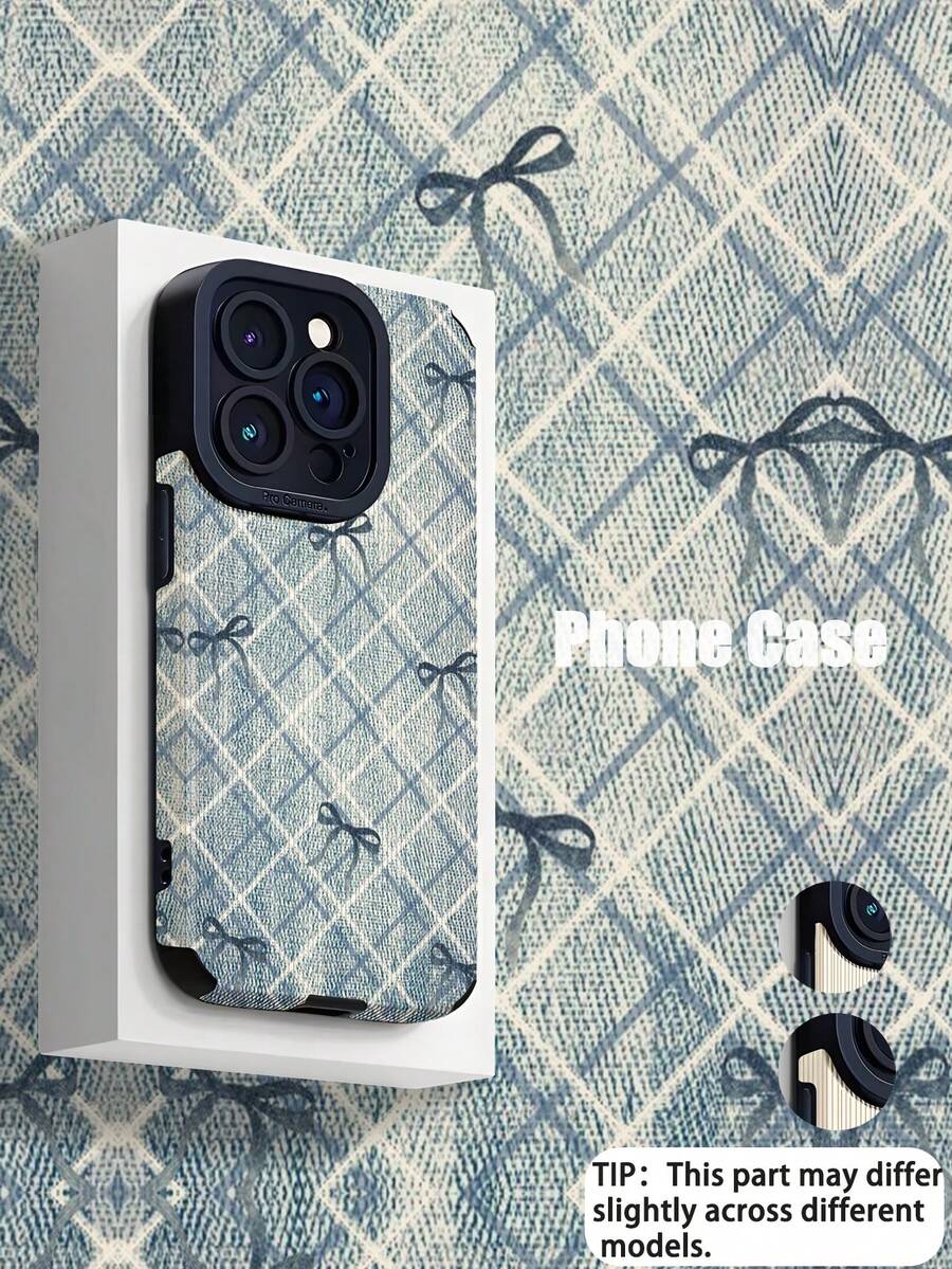 1pc Retro Unique Blue Bowknot & Plaid Pattern Soft Leather Texture Anti-Slip Anti-Drop Phone Case, Suitable For Apple And Phones ( 17/17 Air/17 Pro/17 Pro Max) - Multicolor - View 1