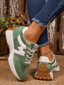 女士圆头系带厚底学生休闲舒适跑步运动鞋 - 綠色 - 查看 5