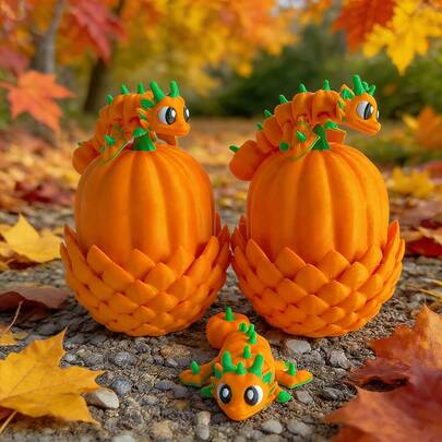 3D Printed Cute Pumpkin Dragon + Dragon Egg Model Plastic Figurine Desktop Decor Sculpture, Holiday Gift
