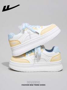 1双 WARRIOR 女士厚底系带软底休闲鞋，低帮户外平底鞋，圆头低跟防滑纯色优雅软底徒步鞋，适合学生、毕业照、平底鞋、低帮皮质运动滑板鞋 - 米/黃/藍 - 查看 2