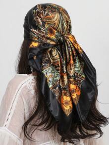 1条女士佩斯利花纹仿丝方巾，90厘米方巾，腰果花印花披肩，时尚头巾，颈巾，沙滩/度假必备 - 米色 - 查看 15