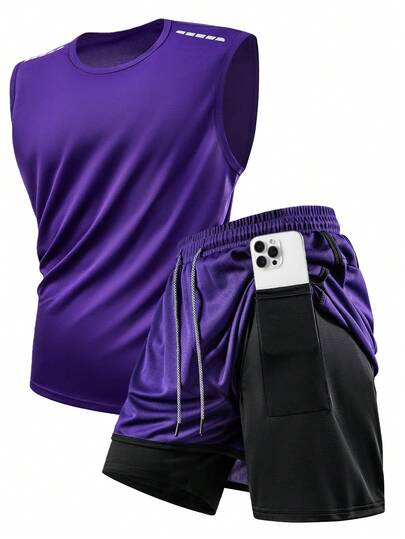 2pcs/Set Men Sports Casual Tracksuit, Sleeveless Top T-Shirt, Running, Fitness, Training Outfit Pants, Outdoor Sports Vest Sleeveless Top